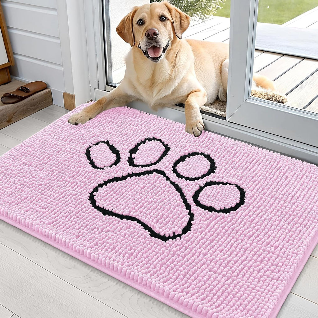 OLANLY Dog Door Mat - Absorbent Non-Slip Muddy Paws Design | 36x24 Pink Chenille Doormat