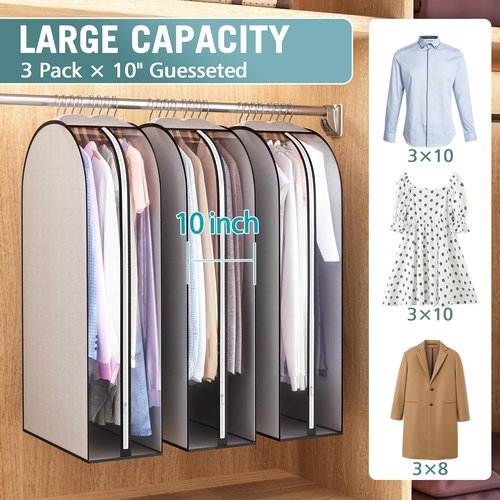 Liuoud 10" Gusseted Garment Bags - Clear Clothing Covers for Suits & Dresses | 3-Pack, Grey