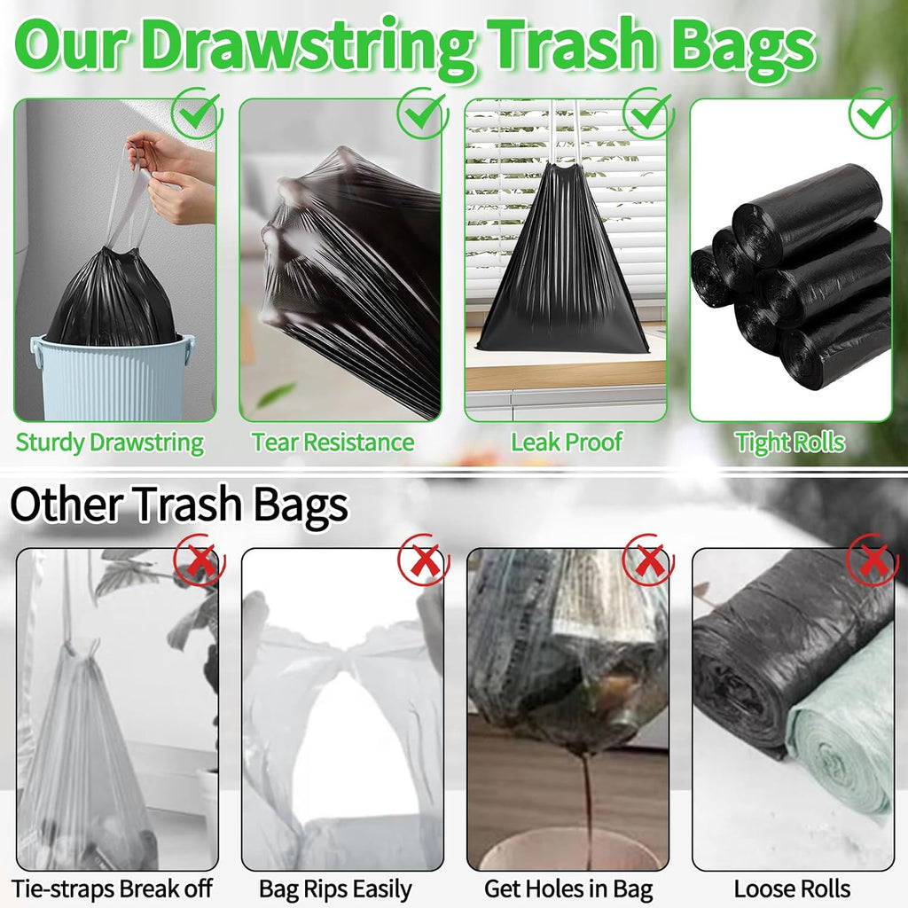 Skiennix 100 Count Small Drawstring Trash Bags - Thick Mini Wastebasket Liners for 4-Gallon Cans | Black