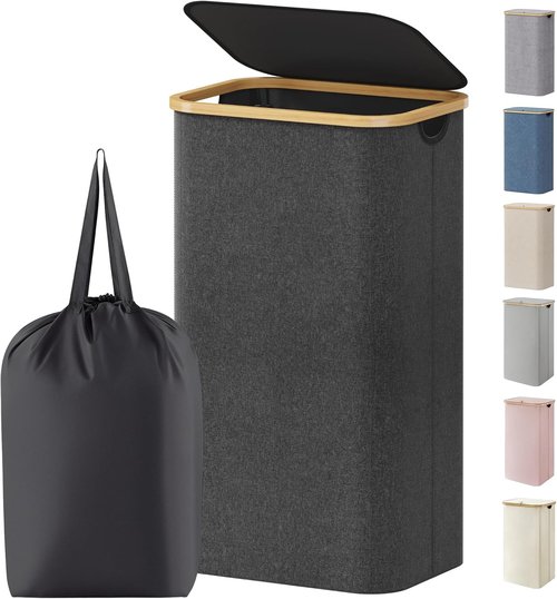 Lifewit 100L Laundry Basket - Foldable Hamper with Lid & Bamboo Handles | Dark Gray, Removable Bag