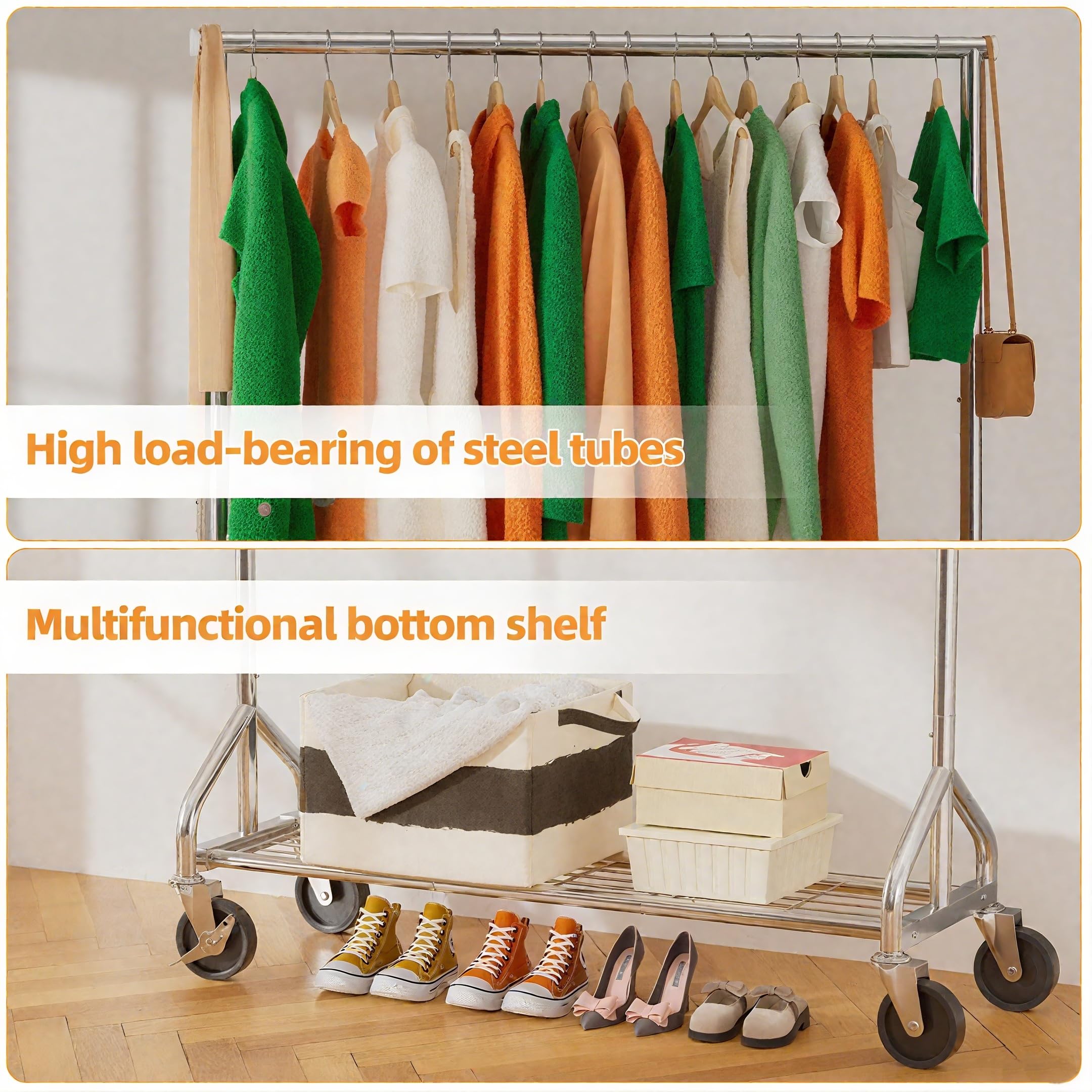 Ekisemio Heavy Duty Rolling Clothes Rack with Wheels and Shelves, 450 lbs Capacity, Portable Garment Rack for Hanging Clothes, Standing Wardrobe for Closet, Bedroom, Commercial Use, Chrome