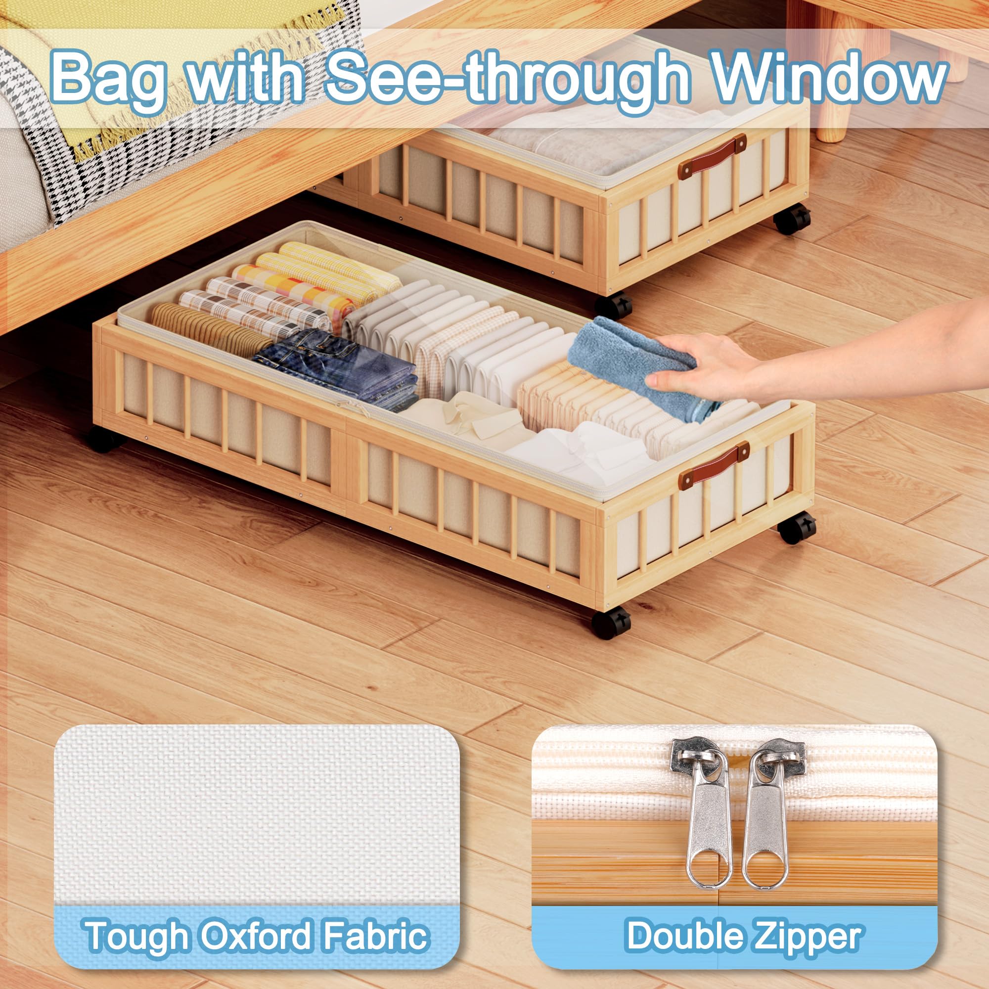 efluky 2-Pack Bamboo Under Bed Storage with Wheels, Rolling UnderBed Storage Basket with Large Dust Bag, Under Bed Storage Containers for Bedroom, Dorm and Basement, Nature
