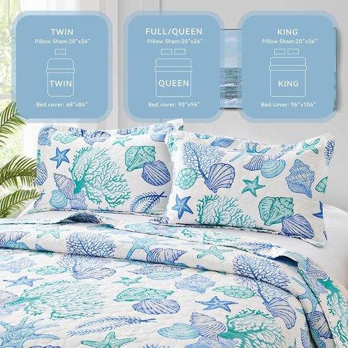 Ycosy 3 Piece Coastal Beach Quilt Set King Size Ocean Theme Bedding Set Blue Green Lightweight Bedspread Coverlet Shell Coral Conch Starfish Bed Covers Bedroom Decor with 2 Pillow Shams