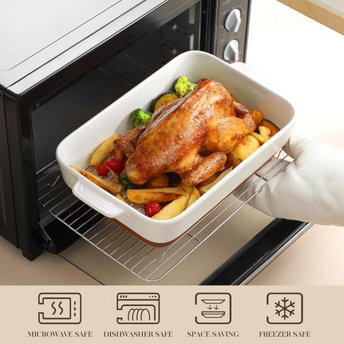 MALACASA 4.8 Qt Ceramic Baking Dish - Deep Roasting Pan with Stainless Steel Rack | 9x13 Inch, Khaki & White