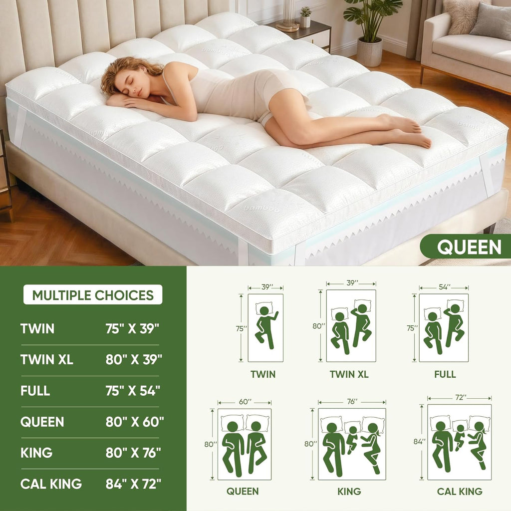 Skiennix Extra Thick Memory Foam Mattress Topper - Dual Layer 2.5" Gel Foam & Bamboo Pillow Top for Back Pain Relief | Queen Size 80x60x5in