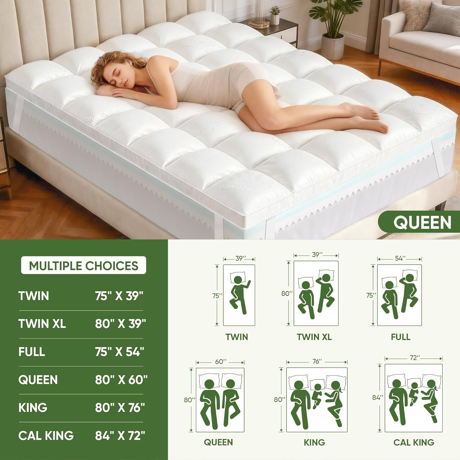 Skiennix Extra Thick Memory Foam Mattress Topper - Dual Layer 2.5" Gel Foam & Bamboo Pillow Top for Back Pain Relief | Queen Size 80x60x5in