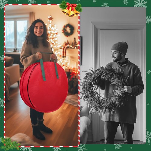 BlessedSeason Wreath Storage Container - Protects 2 Holiday Wreaths with Dual Zipper & Handles | 24” Red