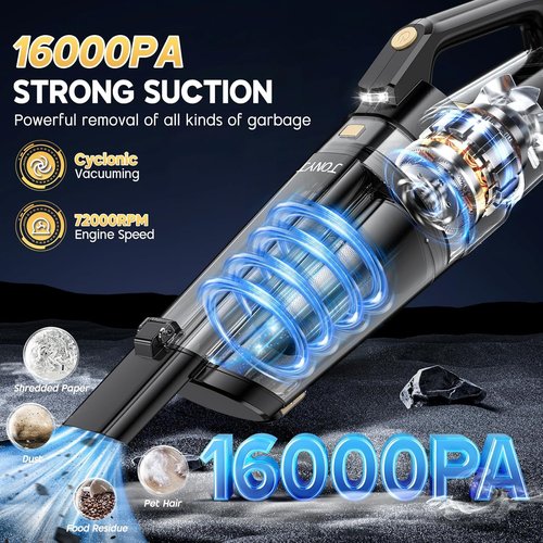 JONYJ Cordless Handheld Vacuum - 16000PA Strong Suction, Portable & Rechargeable with Multi-Nozzles | Ideal for Home, Car & Pets
