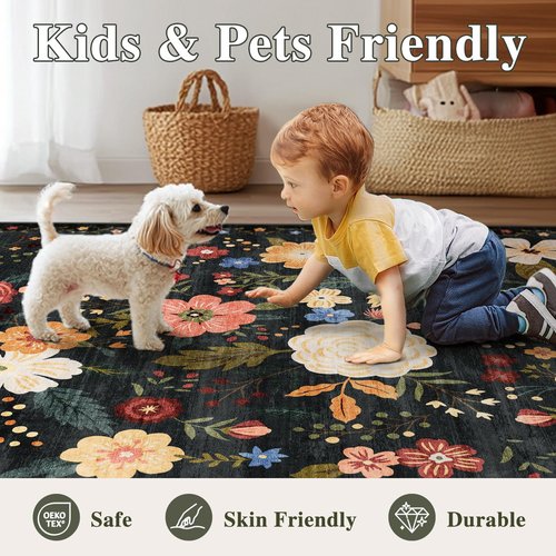 8x10 Washable Area Rug for Living Room, Floral Non-Slip Non-Shedding & Easy Care Black Green Large Soft Low Pile Indoor Floor Carpet for Living Room Bedroom Farmhouse Dining Room Kids Playroom