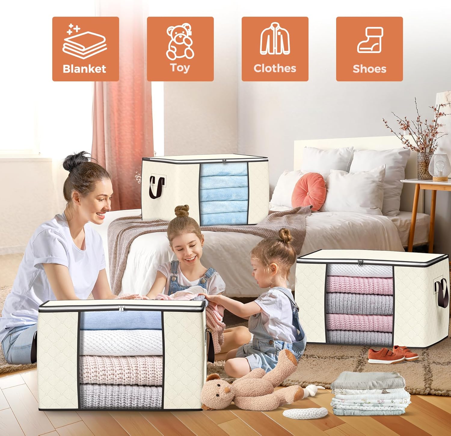 Skiennix 90L Large Storage Bags - 4 Pack Foldable Closet Organizers with Reinforced Handles | Beige