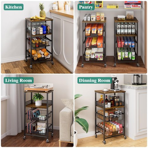 Giwil Vegetable Fruit Basket for Kitchen Pantry Organizers Storage, 4-Tier Utility Rolling Cart on Wheels with Wood Rack and Drawer Wire Baskets for Onions Potatoes Snacks, Black