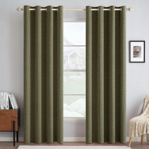 MIULEE Blackout Curtains - 100% Thermal Insulated Linen Texture Drapes | Light Olive Green, 52x90 Inch (2 Panels)