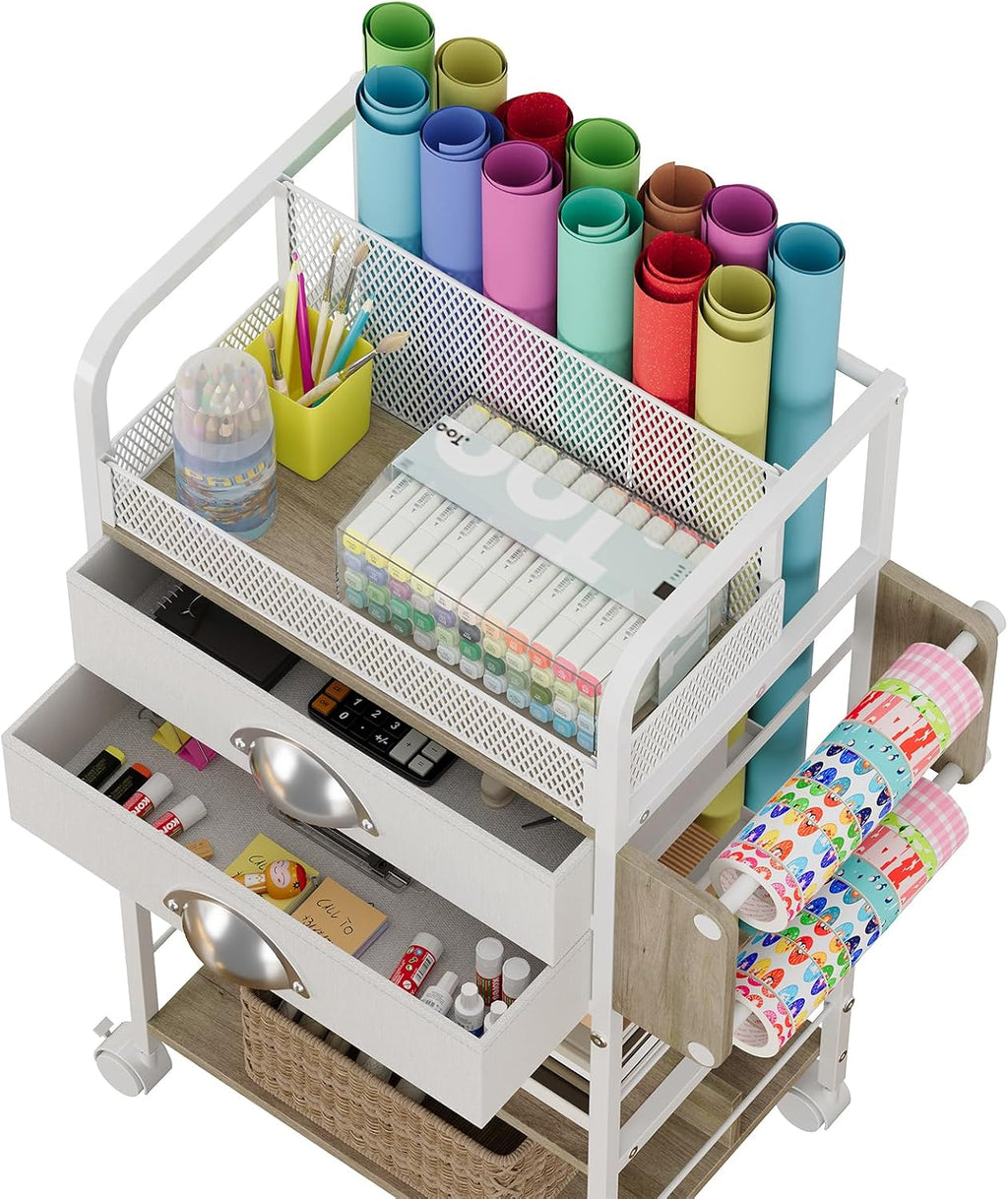 Rolling Craft Storage Cart - Multi-Tier Organizer with Lockable Wheels & 2 Fabric Drawers | 16.54x11.4x32.68 Inches