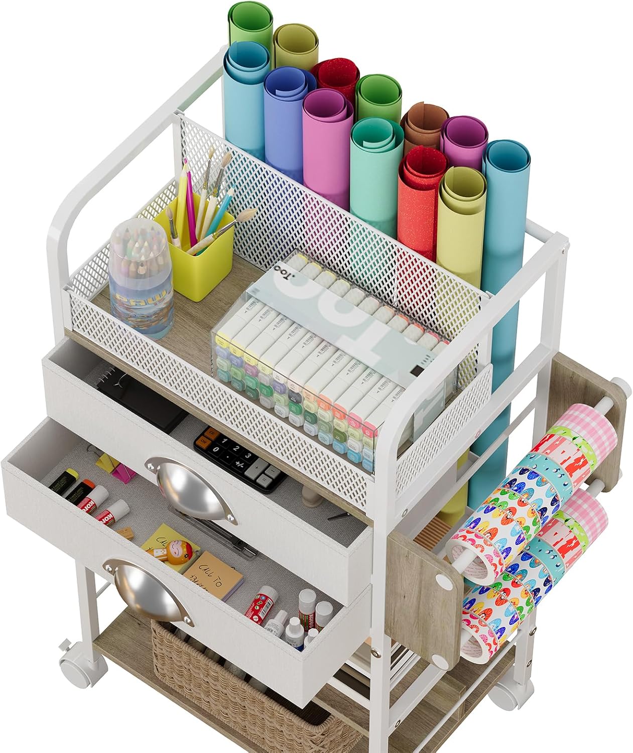Rolling Craft Storage Cart - Multi-Tier Organizer with Lockable Wheels & 2 Fabric Drawers | 16.54x11.4x32.68 Inches