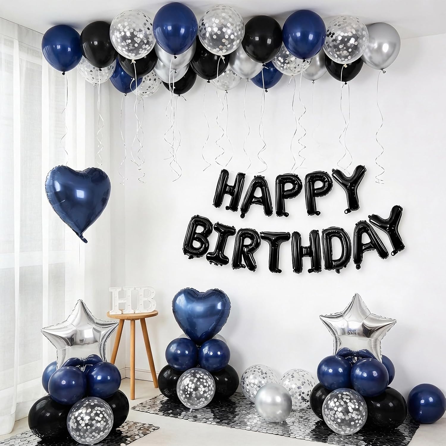 Skiennix Navy Blue & Black Birthday Decorations - Stylish Balloons & Banner Set for Men & Women