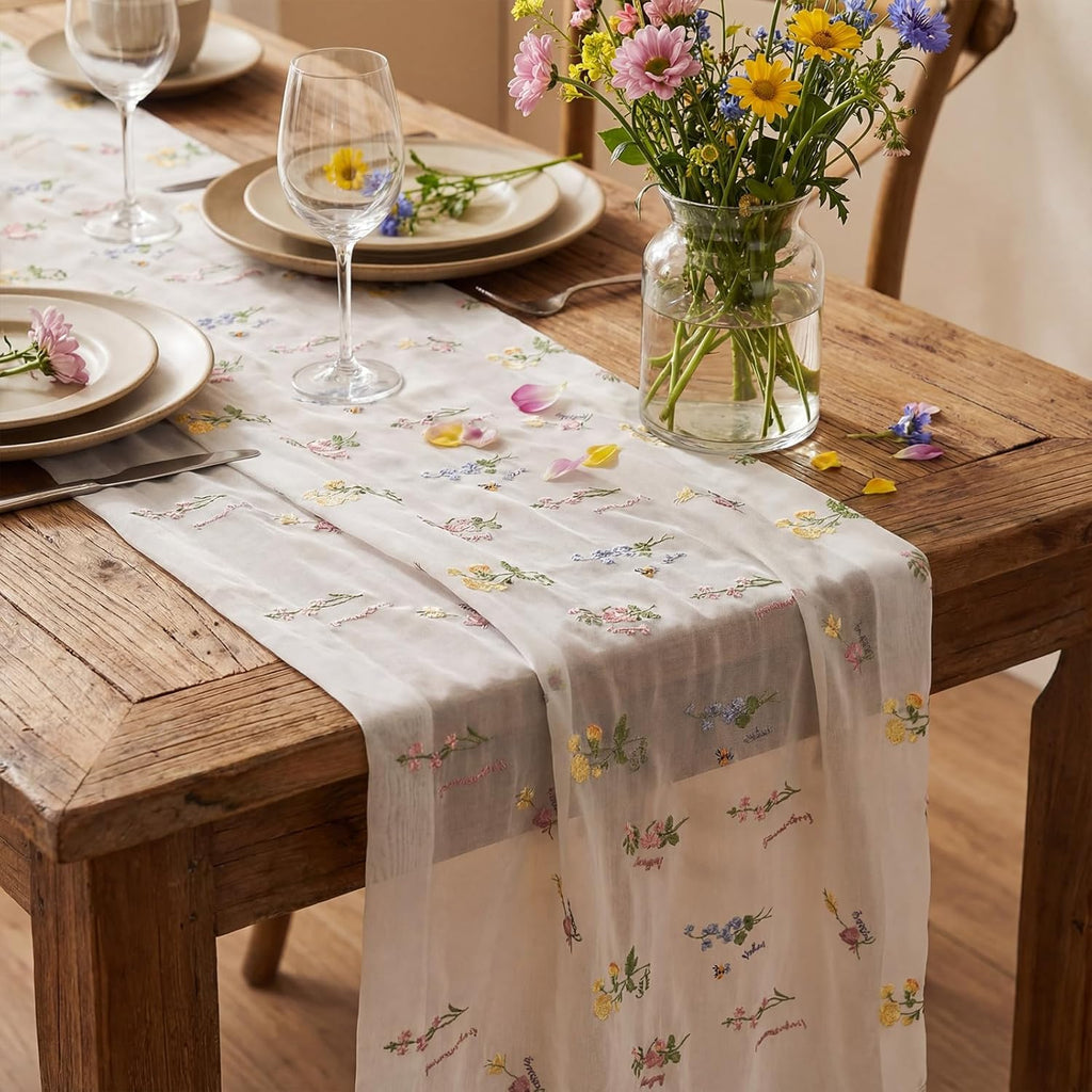 Remagr Floral Table Runner - 9.8 ft Embroidered Tulle for Home Decor | Perfect for Weddings & Parties