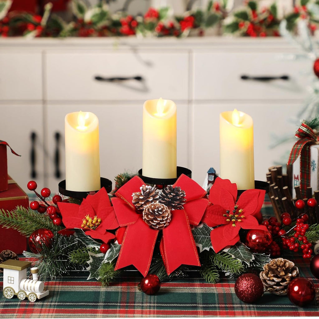 Regine Switzerland Christmas Centerpiece - 3 Candle Holders with LED Candles & String Lights | Poinsettia Red Buffalo Plaid Design