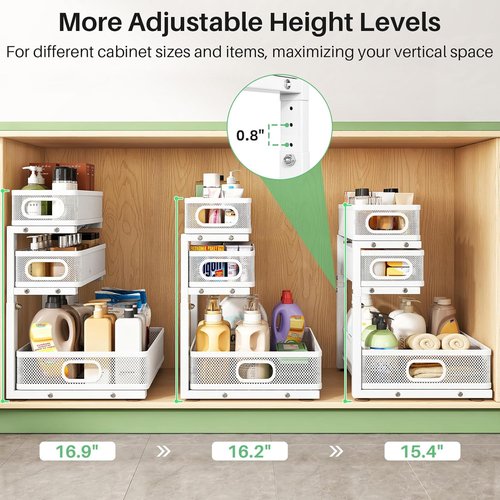 Kitstorack Under Sink Organizer - 3-Tier Height Adjustable Metal Storage Shelf | 2-Pack for Kitchen & Bathroom