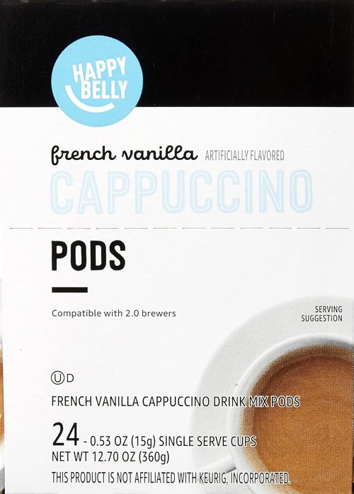 Happy Belly Cappuccino Coffee Pods - Light Roast French Vanilla Flavor | 24 Count, 12.7 Ounce Compatible with 2.0 K-Cup Brewers