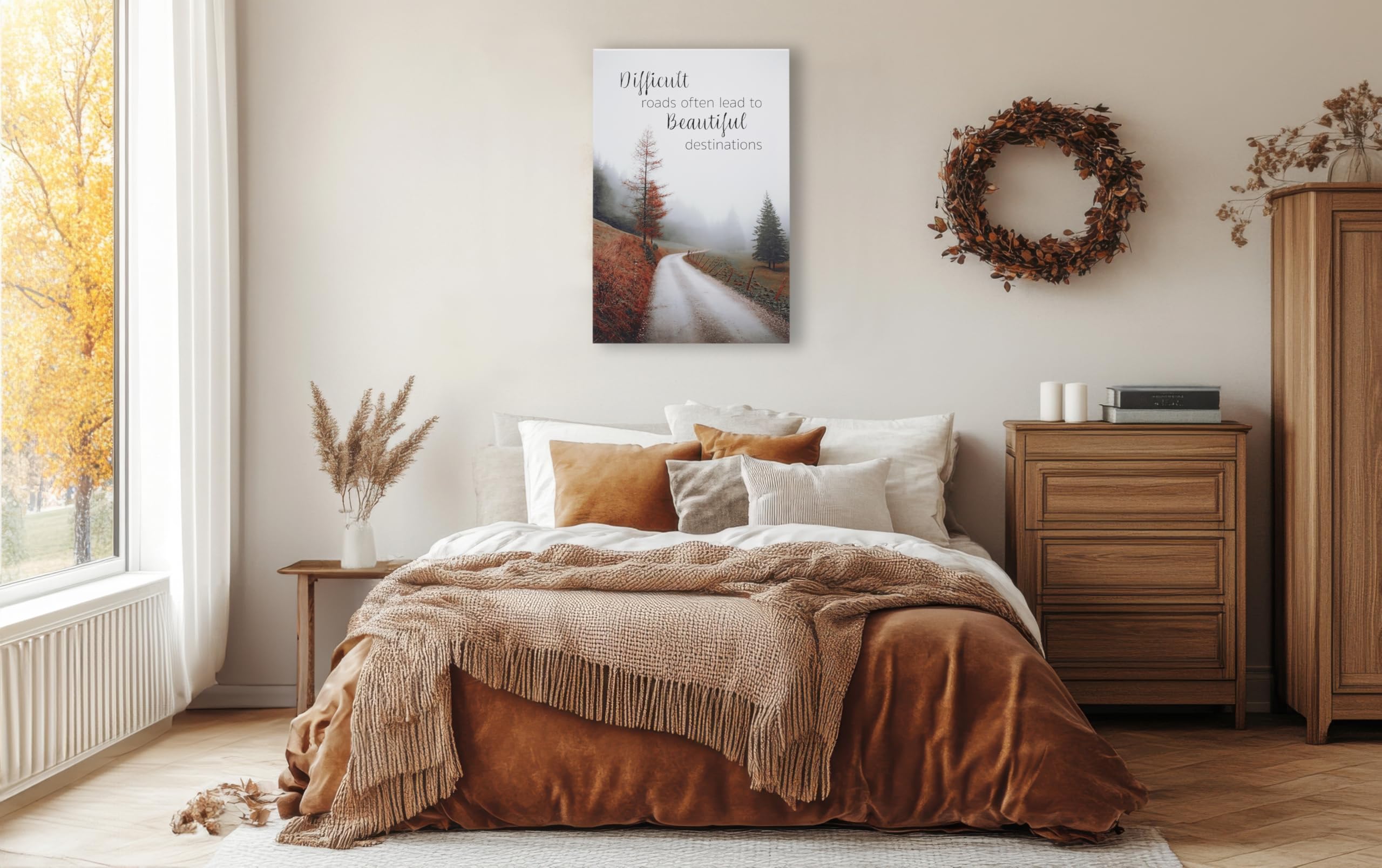 Inspirational Fall Decor Canvas for living room, office, or kitchen difficult roads often lead to beautiful destinations