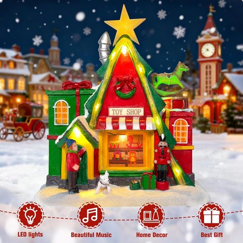 LED Lighted Musical Village House - 7.1” Triangular Christmas Decoration for Holiday Home Decor