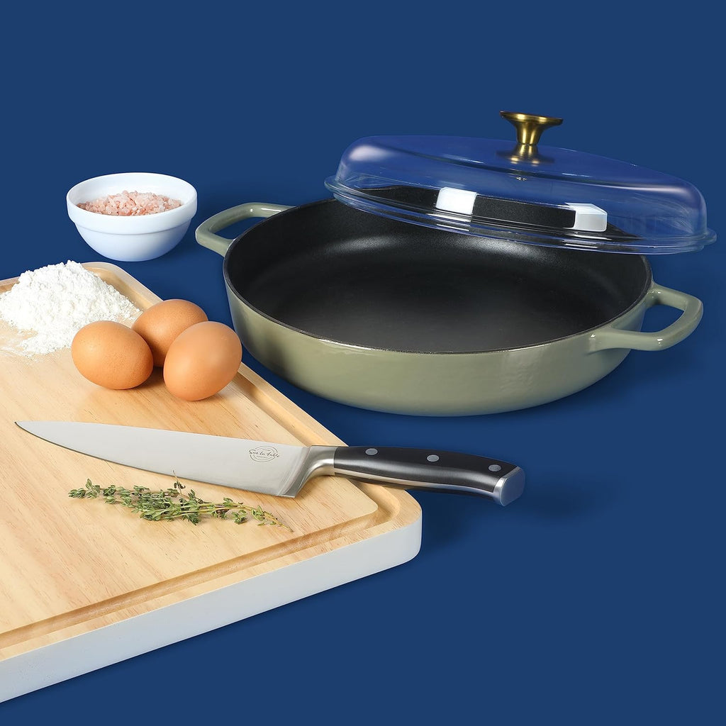 Sur La Table Enamel Cast Iron Braiser Pan - 3.75 Quart Multi-Purpose Non-Toxic Nonstick with Glass Lid | Juniper Green