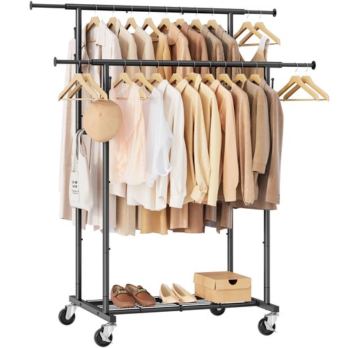 Double Rod Garment Rack with Wheels, Heavy Duty Rolling Clothes Rack For Hanging Clothes, Portable Metal Clothing Rack with Shelves,Black, 64.2inch Chrome