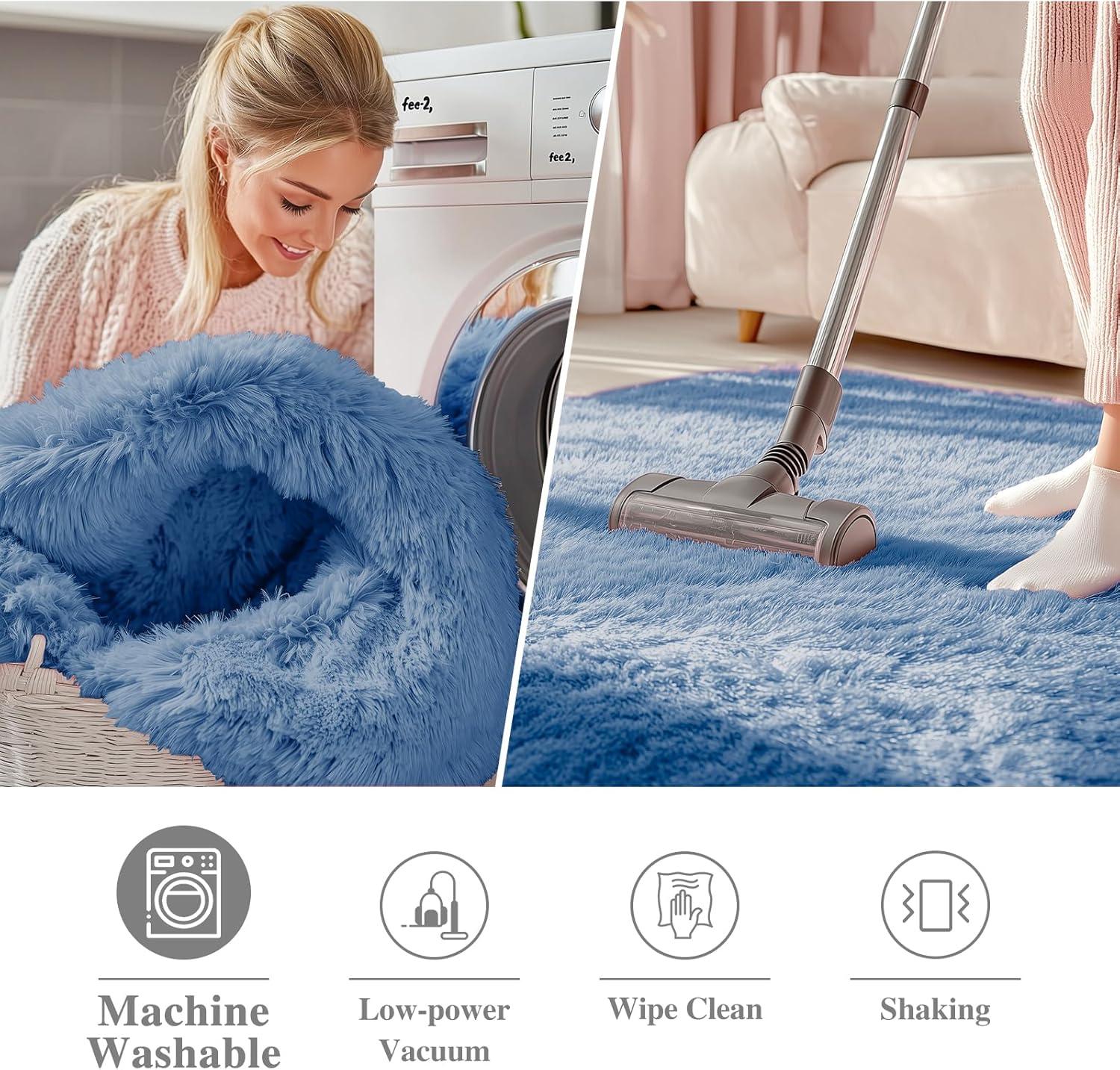 OLANLY Blue Round Area Rug - Soft, Fluffy, Machine Washable 6 ft Circle Carpet for Bedroom & Living Room