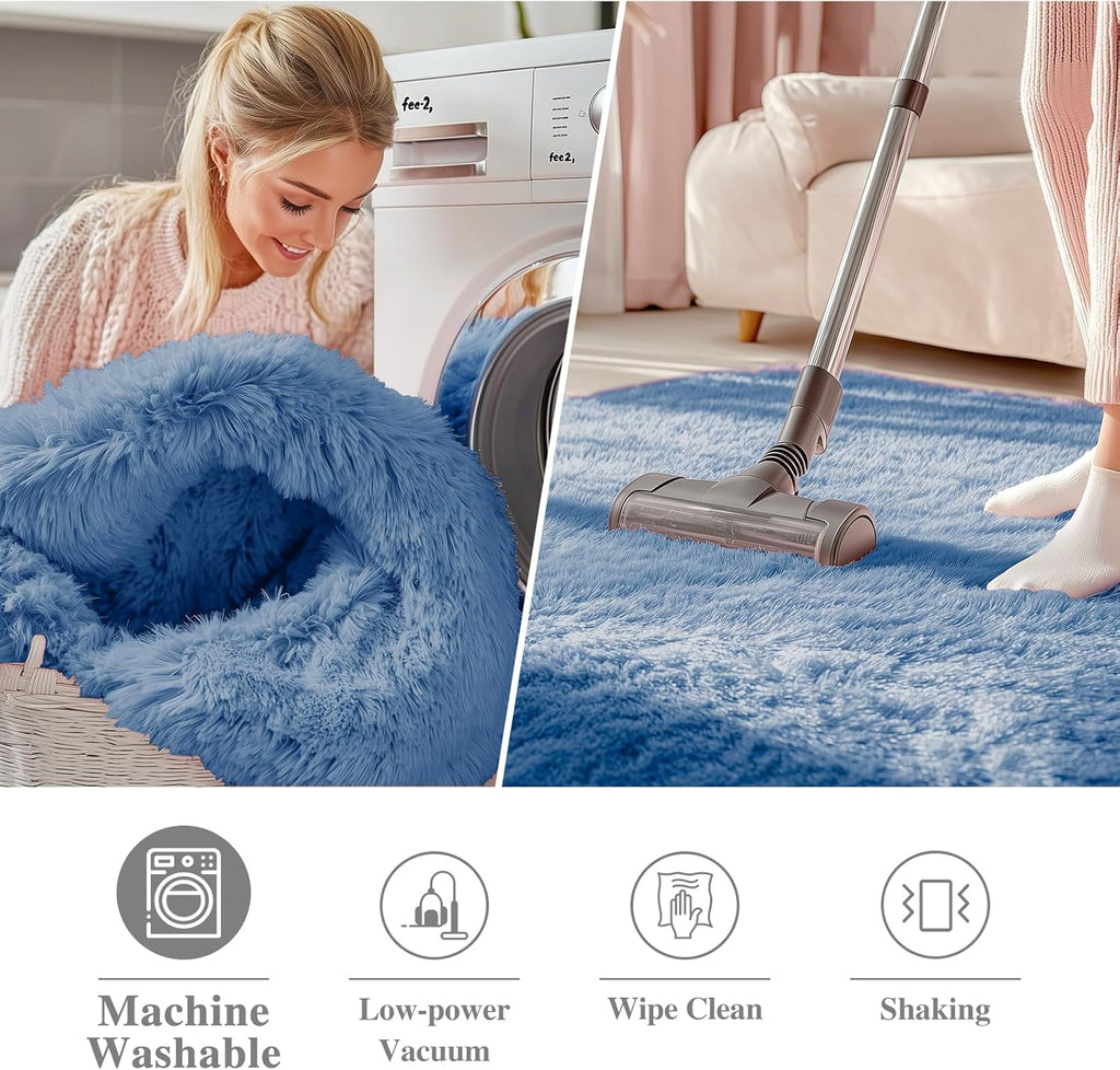OLANLY Blue Round Area Rug - Soft, Fluffy, Machine Washable 5 ft Circle Carpet for Bedroom & Living Room Decor