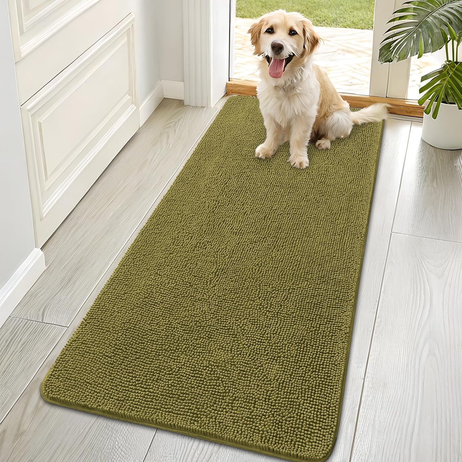 OLANLY Dog Door Mat - Absorbent Non-Slip Mud Mat for Muddy Paws | 70x35 Inches, Quick Dry Chenille, Willow Green