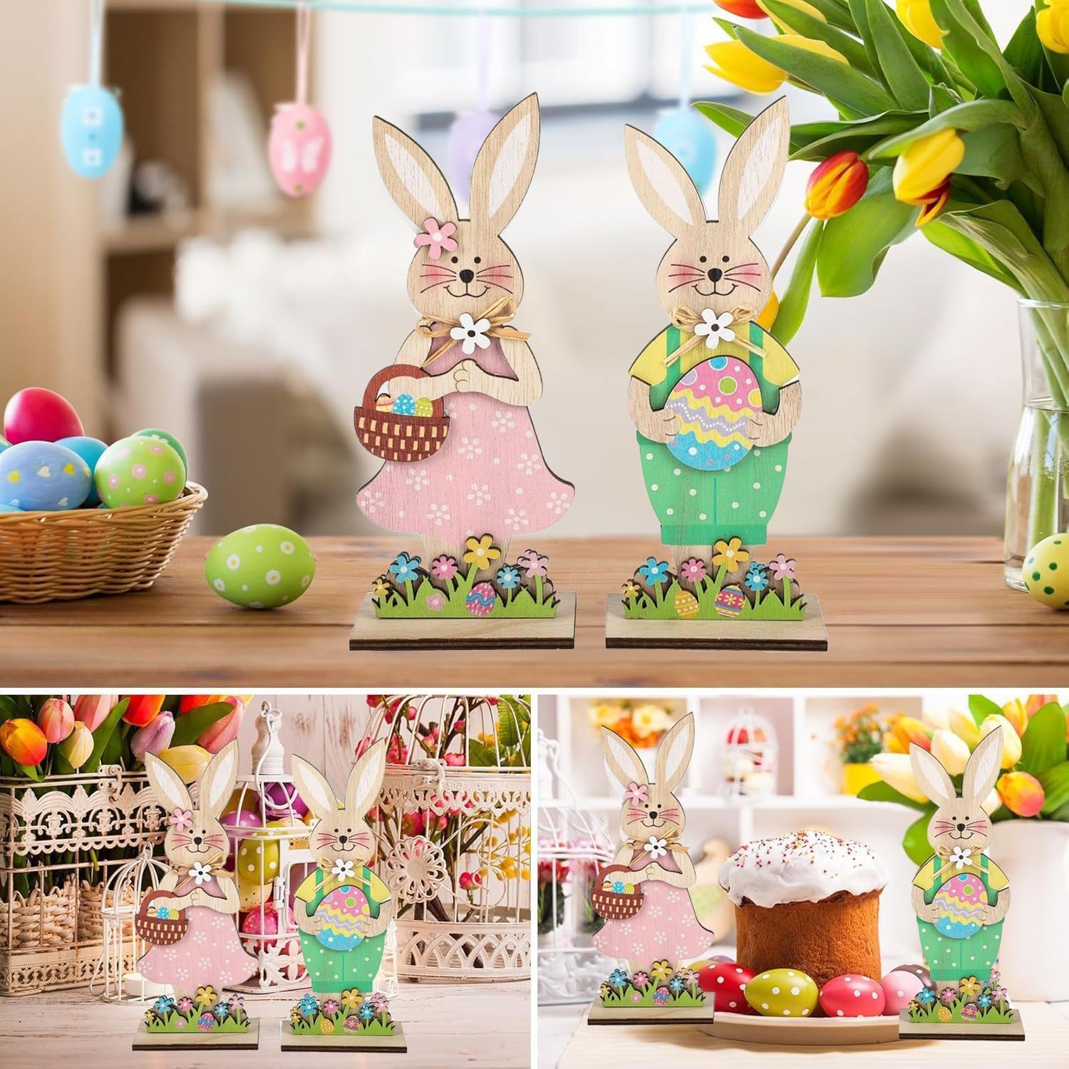 Skiennix Easter Wooden Bunny Tabletop Decorations - Colorful Standing Rabbit Figurines | Spring Centerpiece