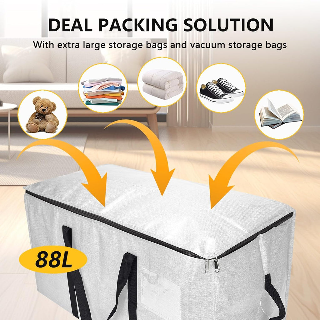 Skiennix Extra Large Heavy Duty Storage Bags Set - Waterproof Moving Totes with Handles | 6 Bags & 10 Vacuum Seal Bags for College Dorm, Travel, Camping