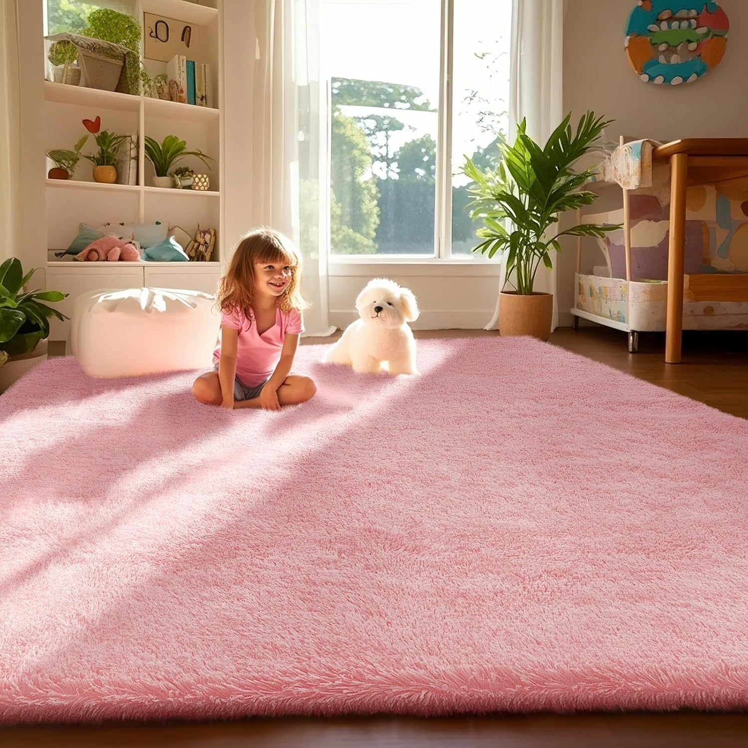 Ophanie Pink Shag Area Rug - Soft, Fluffy, Kawaii Design | 4x6 Carpet for Girls' Bedroom Decor