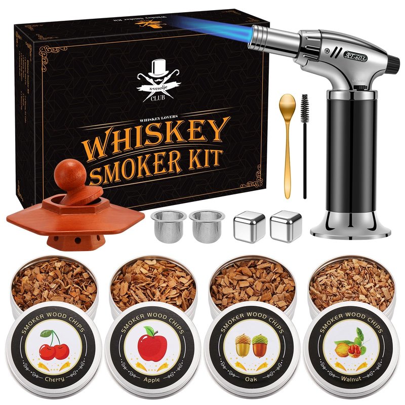 Whiskey Smoker Kit with Torch - Cocktail Smoker Infuser Kit, Old Fashioned Drink Smoker Kit, Anniversary and Birthday Bourbon Whiskey Gifts for Men, Dad, Husband, Boyfriend (No Butane)