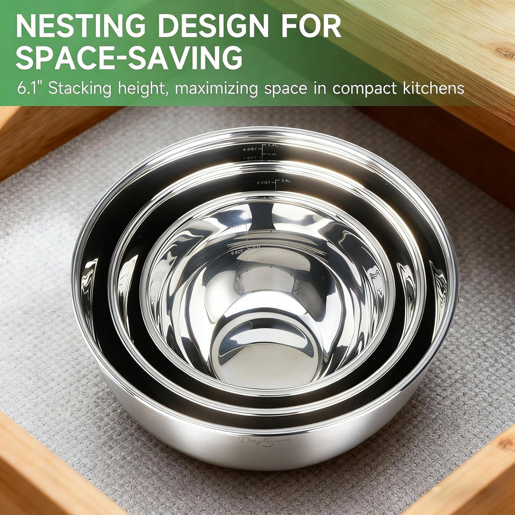 Skiennix Mixing Bowls - Stainless Steel Nesting Bowl Set with Airtight Lids | 3 Essential Sizes (1.5/3/5 QT)
