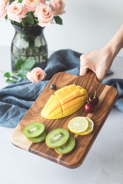 Acacia Wood Cutting Board - Wooden Kitchen Cutting Board for Meat, Cheese, Bread, Vegetables &Fruits-Charcuterie Board Cheese Serving Board with Handle,14”x7”