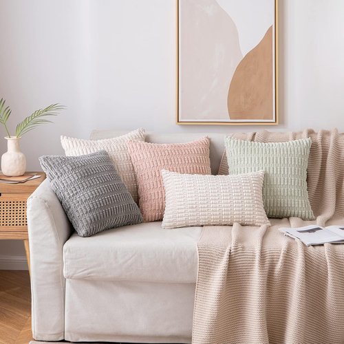MIULEE Corduroy Lumbar Throw Pillow Covers - Soft Boho Striped Design | 22x14 Inch, Cream White