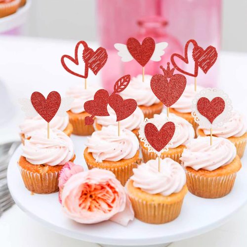 Ercadio Red Heart Cupcake Toppers - Glittery Valentine’s Day Picks for Bridal Showers & Parties | 24 Pack