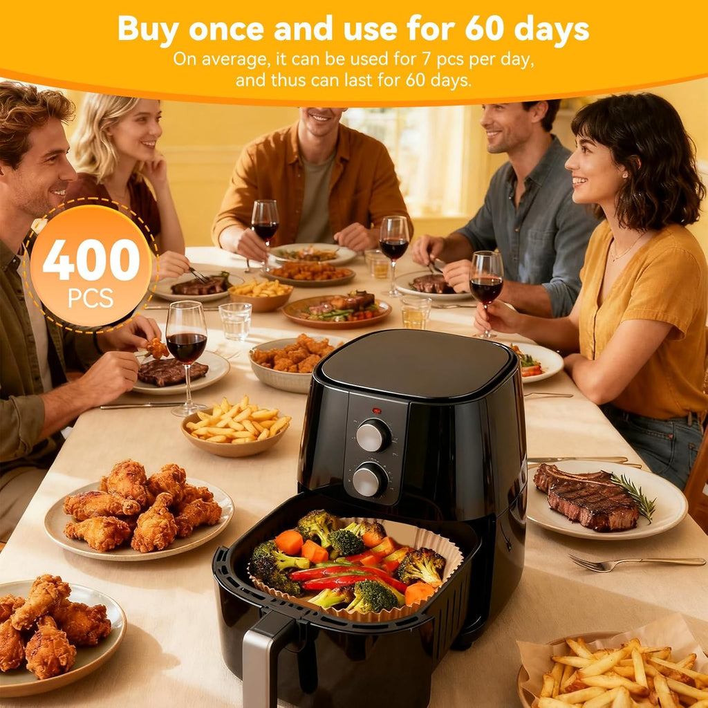 Skiennix Air Fryer Paper Liners - 400 Pcs Unbleached Non-Stick Parchment for 5-8 QT | 8 Inch Square
