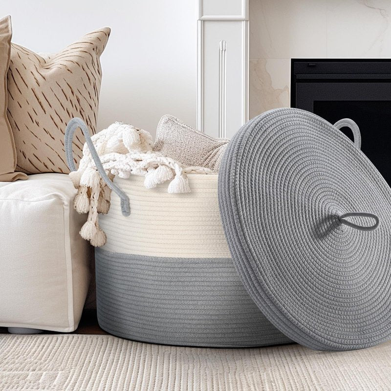 Noonkty XXL Cotton Rope Basket with Lid, Grey, 21.7" x 13.8" Square, Modern, Living Room, Bedroom, Nursery Storage