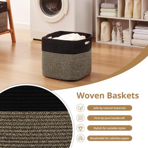 OIAHOMY 13 Kallax Inch Cube Storage Bins, 3-Pack Cotton Rope Woven Baskets for Organizing, Kallax Insert Storage Baskets for Shelves, Baby Nursery, Closet Organizer, 13*13*12.6IN, Black & Mixed Brown
