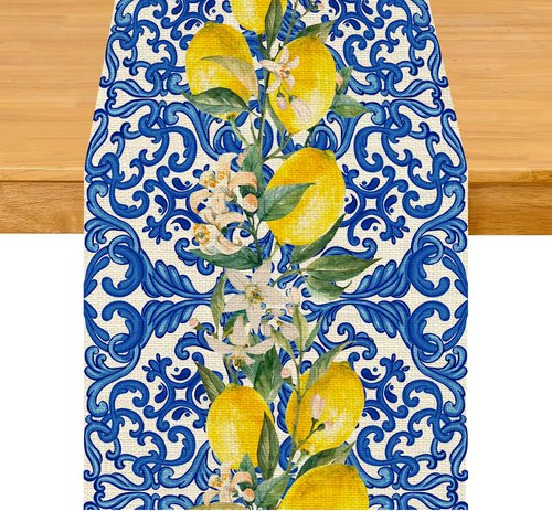 UEQIKI Blue Tiles Lemon Table Runner for Home Party Decorations Seasonal Summer Washable Kitchen Dining Table Decor for Birthday Party Coffee Table Family Dinners Holiday Wedding 13x72 Inch