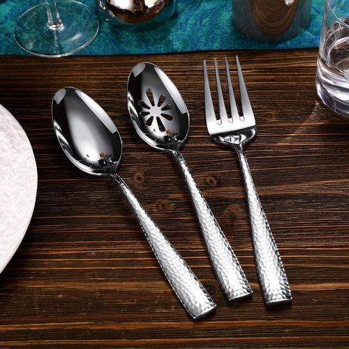 KEAWELL Premium Louis Hammered Serving Utensils, 18/10 Stainless Steel, Squared Edge Design, Mirror Finish, Dishwasher Safe (Hostess Serving Utensil Set)