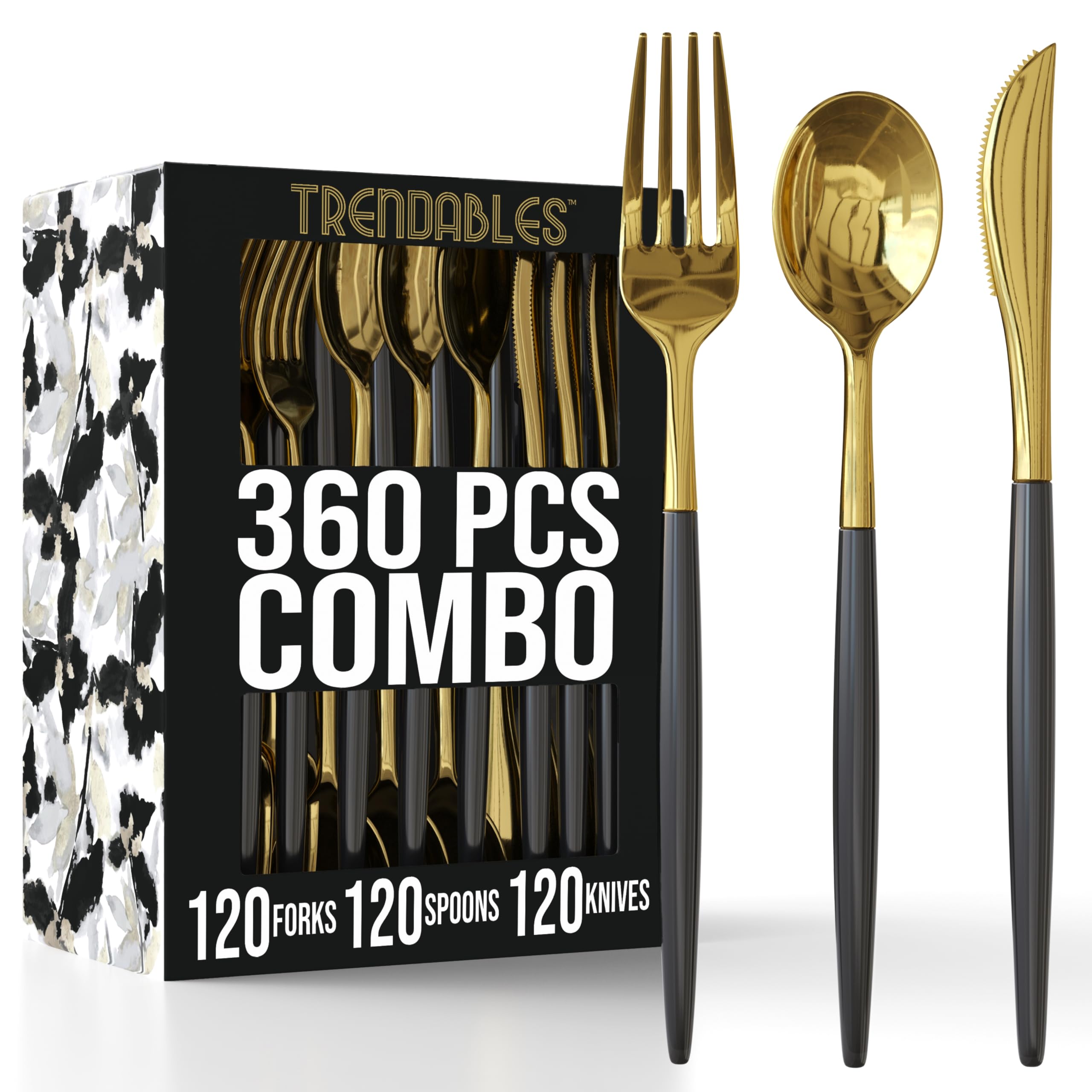 Trendables 360 Pack Disposable Silverware Set - Dinnerware Set Includes 120 Forks, Spoons, Knives in Black & Gold