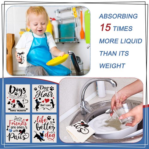 Funtery 8 Pcs Dog Swedish Kitchen Dishcloths Reusable Swedish Absorbent Sponge Cloths Washable Kitchen Dish Towel Quick Drying Decorative for Animal Lover Gifts for Women Hand Towel
