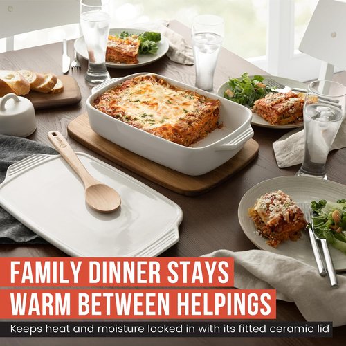 Chef Pomodoro Casserole Dish - Elegant White Ceramic Baking Dish with Lid | 15.5" x 9.3" for Lasagna & Roasting