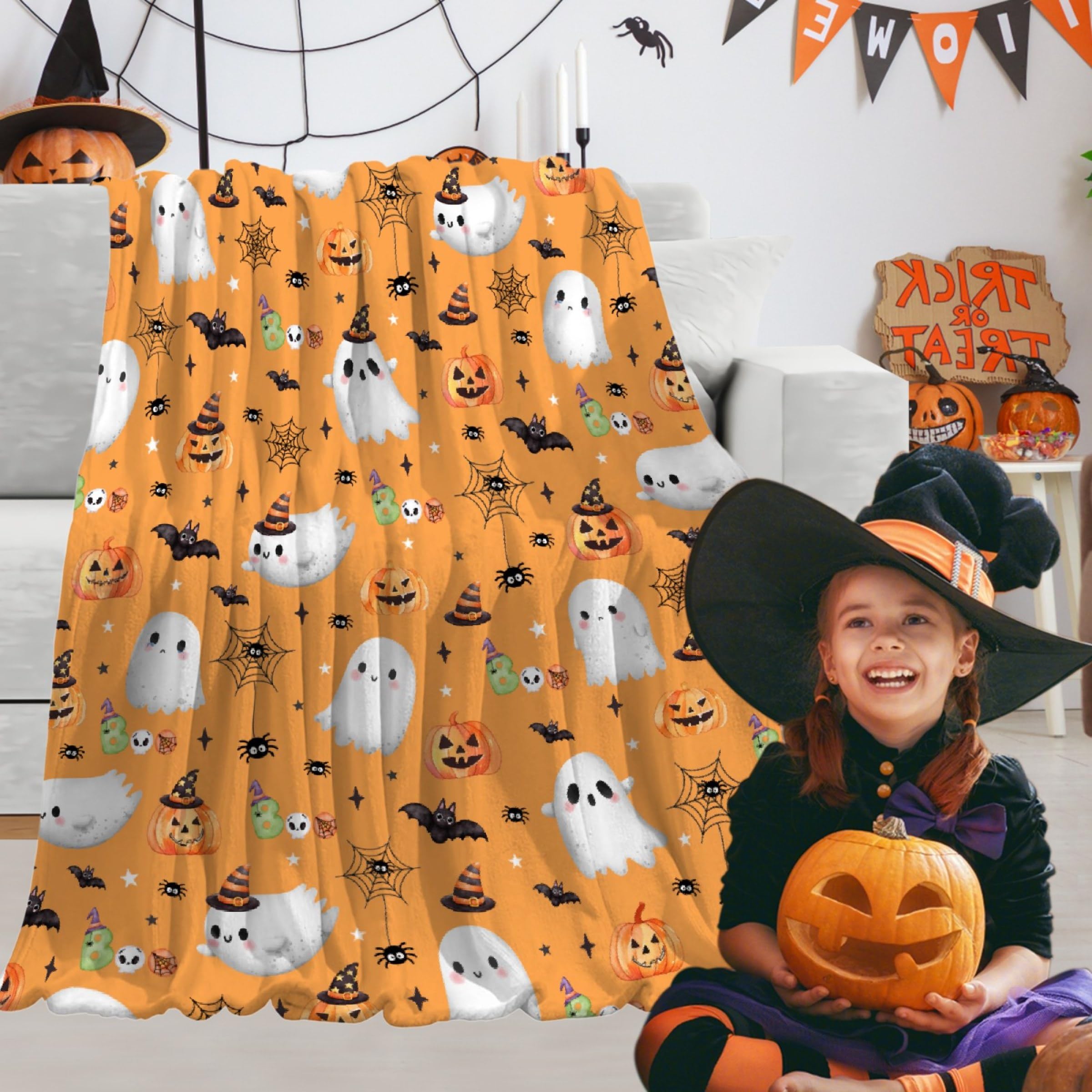 Halloween Decor Throw Blanket - Super Soft Flannel Pumpkin Blanket for Boys & Girls, Cute Ghost Design, Perfect for Couch, Sofa, Bed & Living Rooms - 30"x40" - Toddlers/Pets Size