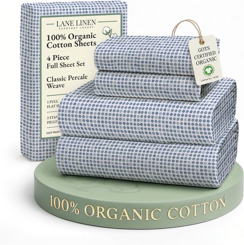LANE LINEN 100% Organic Cotton Full Sheet Set - Soft, Comfy Percale Bedding in Polka Dot Design