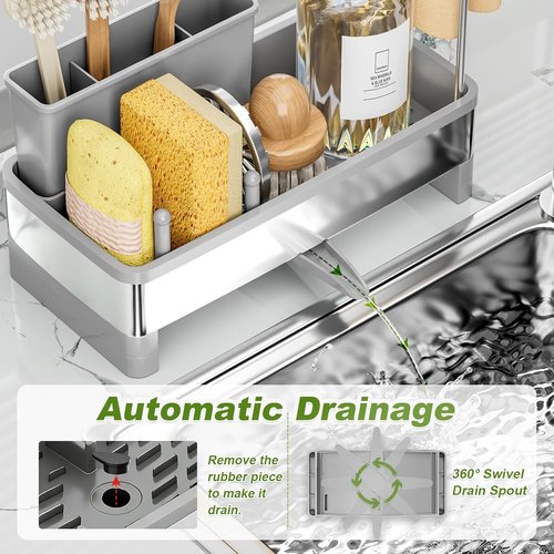 Ewaiira Stainless Steel Sink Caddy - Rustproof Kitchen Organizer with Sponge Holder & Brush Rack | Gray 9.8”