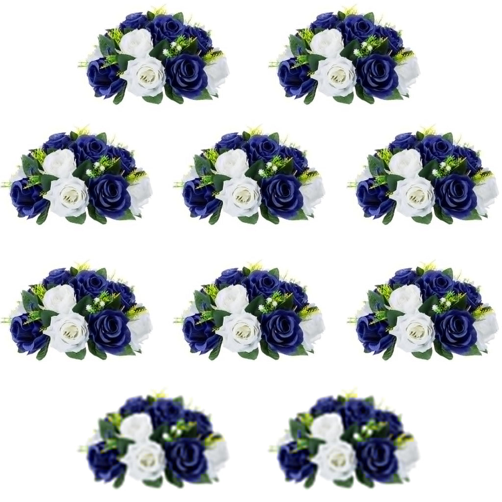 QUTUNI 10Pcs Fake Flower Ball Arrangement Bouquet, 9.5" 15 Heads Plastic Roses with Base,Suitable for Parties Valentine's Day Wedding Centerpiece Flower Rack and Home Décor (Navy Blue & White)